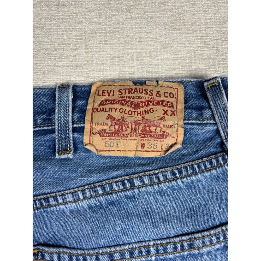 Levis 501 Mens 38x34 Jeans Grungy Light Blue Washed Denim Distressed High Fade